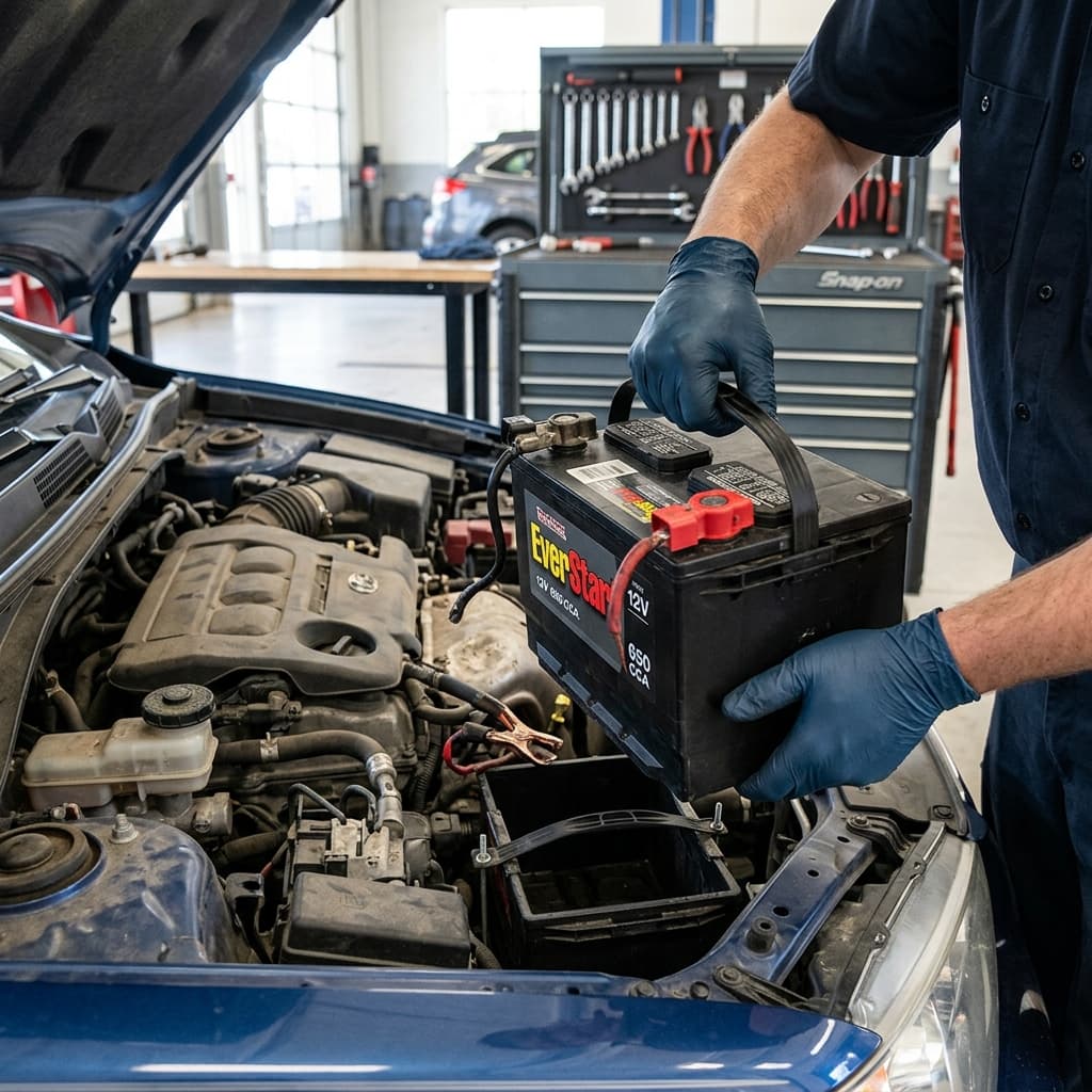 A mechanic removing a car battery from an engine bay with both hands