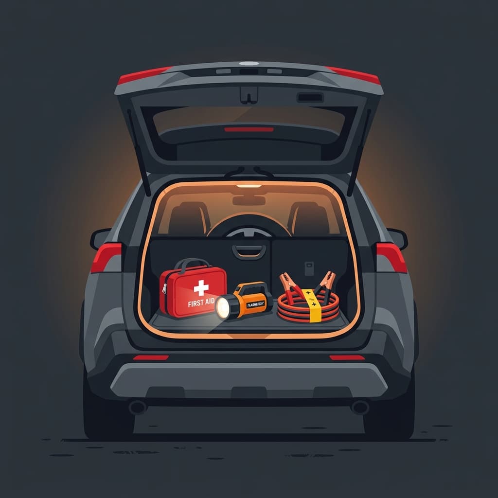 An open car trunk showing an organized emergency kit with jumper cables and a flashlight