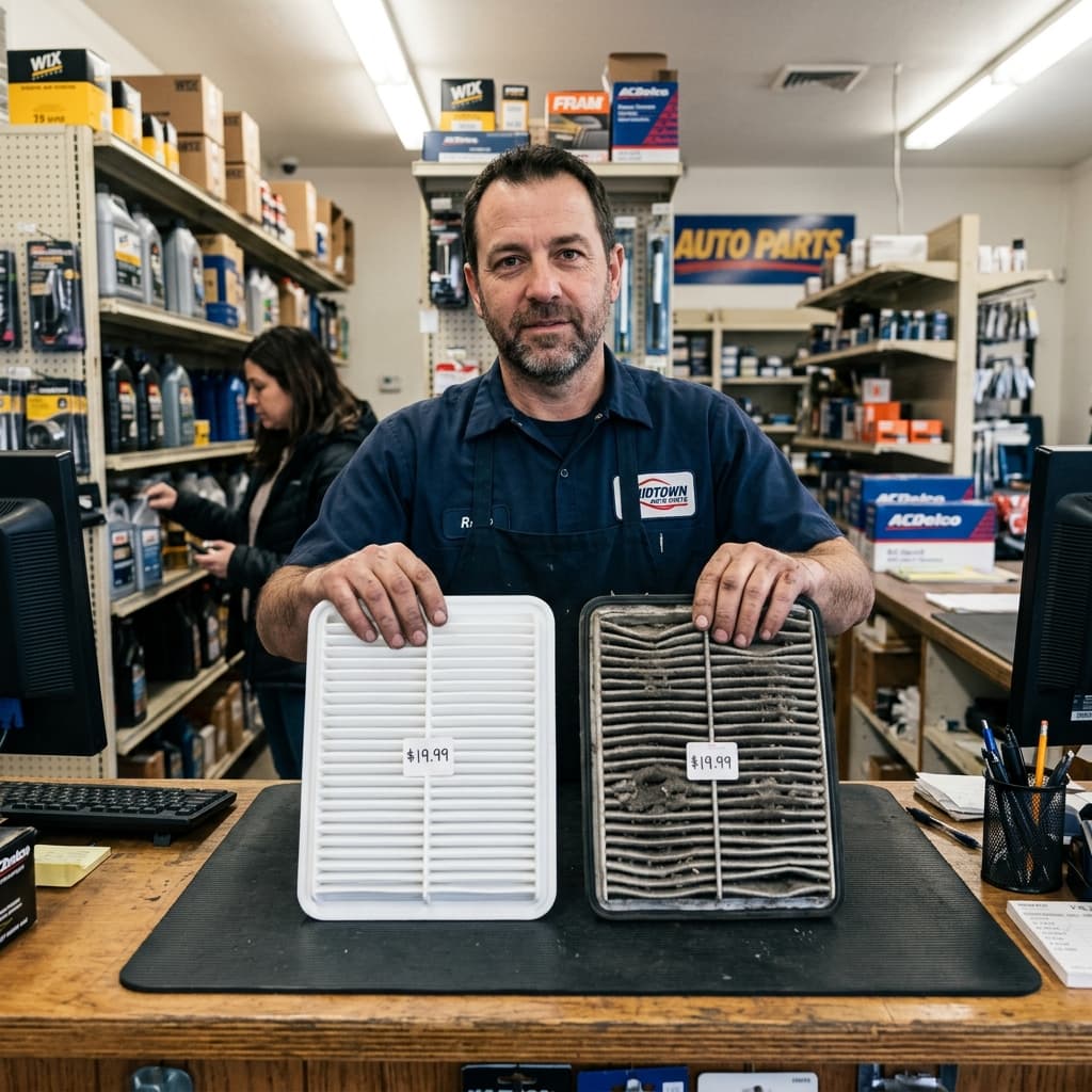 A mechanic holding a clean new engine air filter next to a dirty clogged one at an auto parts counter