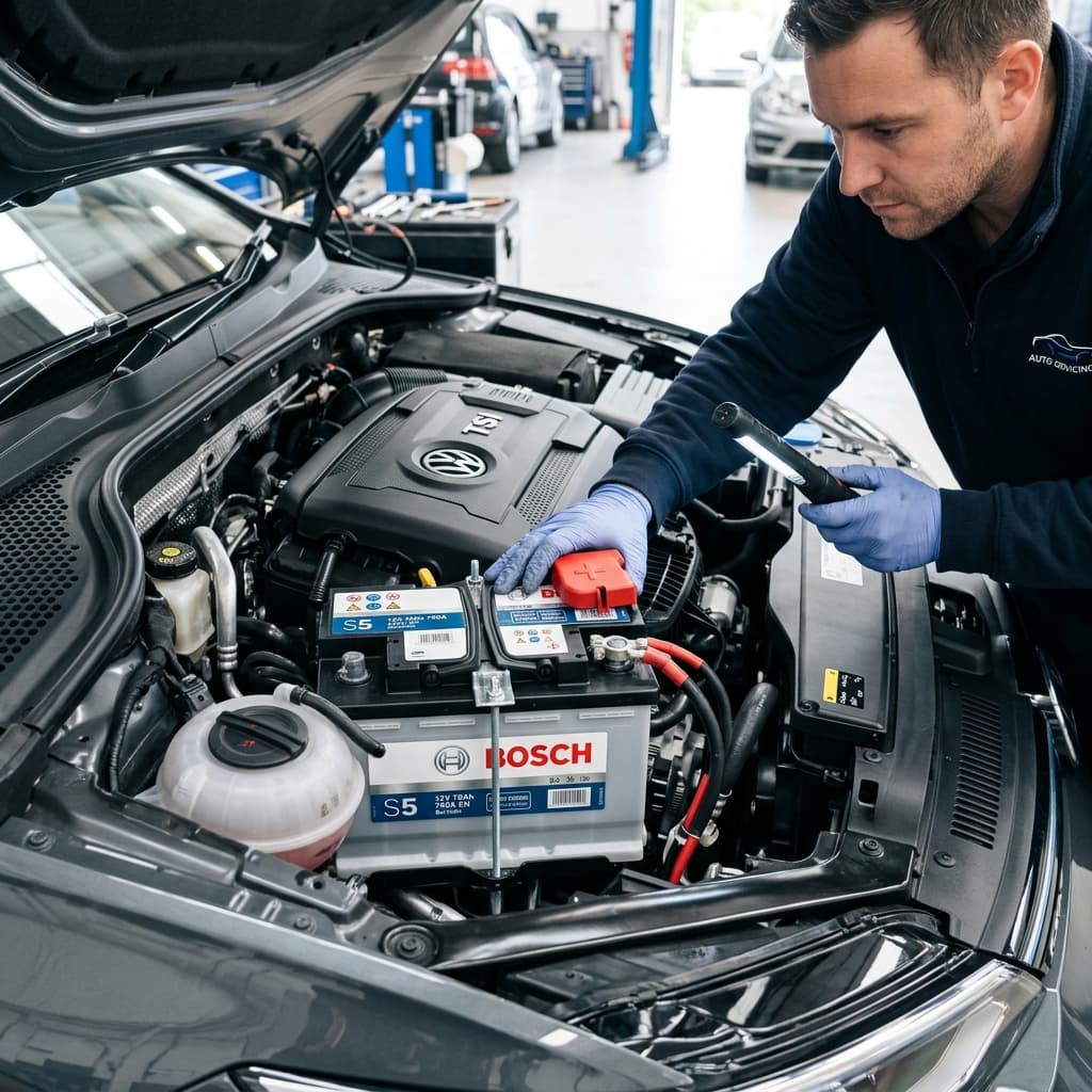 Close up of a modern car battery being inspected under the hood