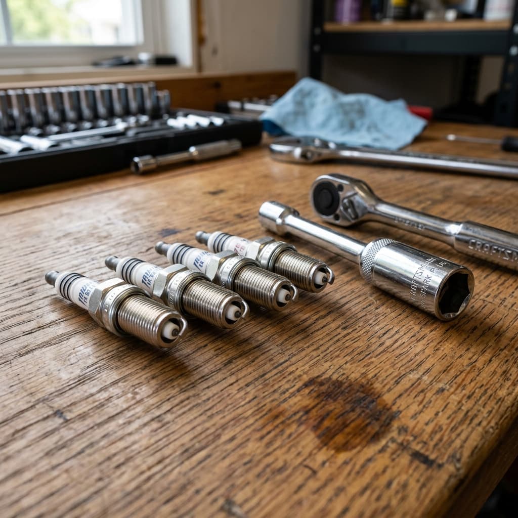 A set of new iridium spark plugs laid neatly next to a spark plug socket wrench on a workbench