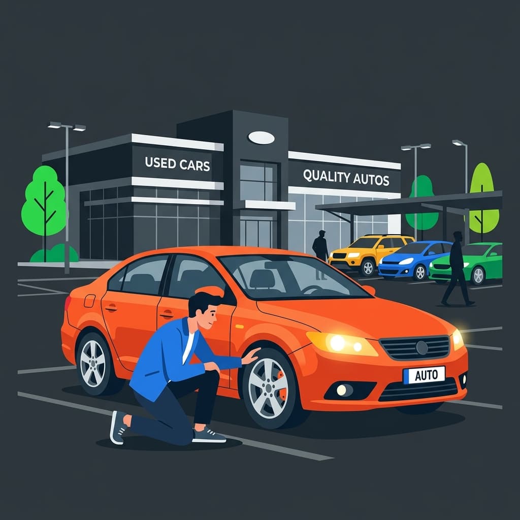 A person inspecting a used car at a dealership lot