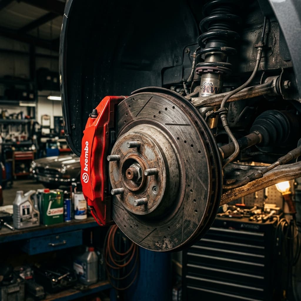 A close-up of a car's disc brake rotor and red brake caliper with the wheel removed in a garage