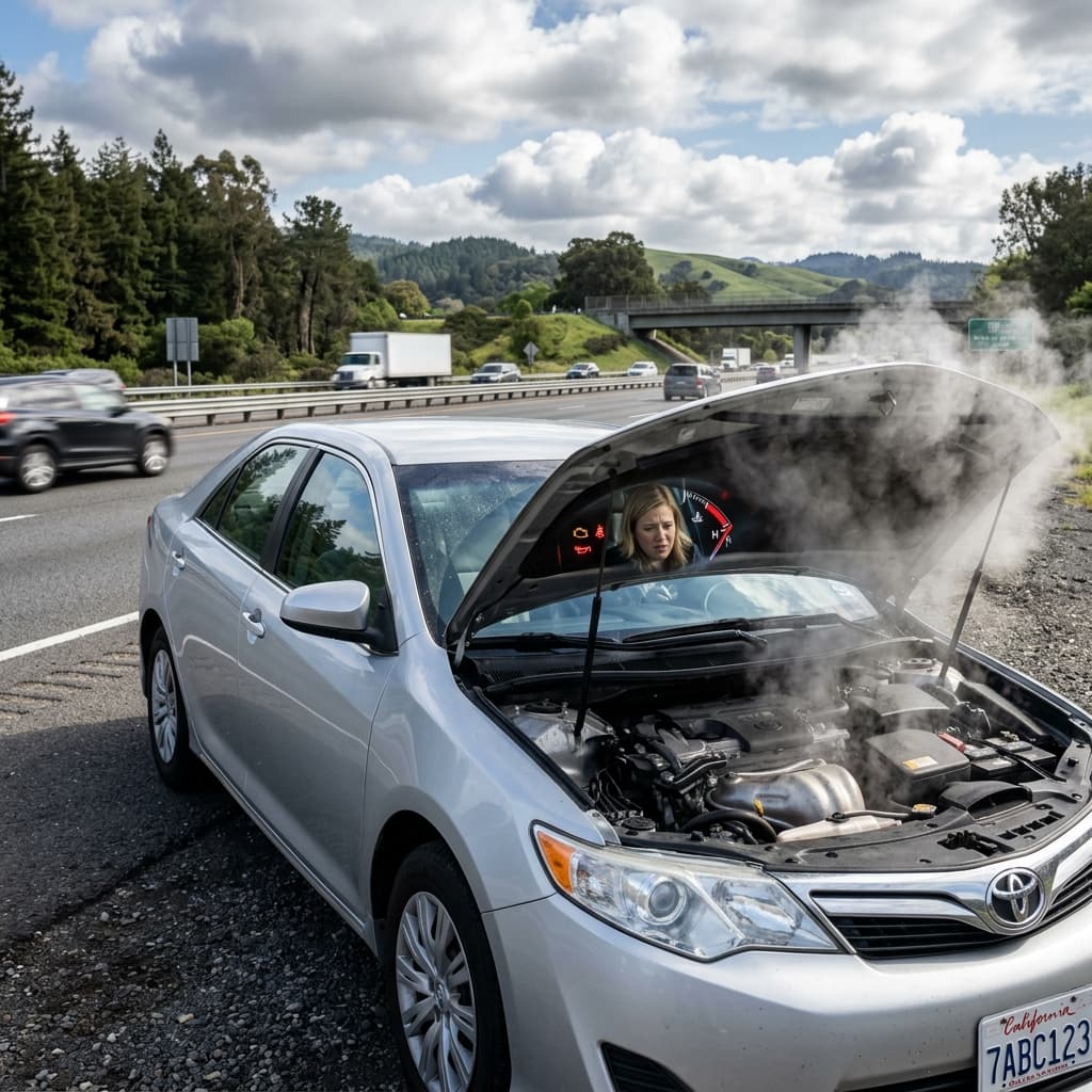 Steam rising from under the hood of a car pulled over on the side of a highway
