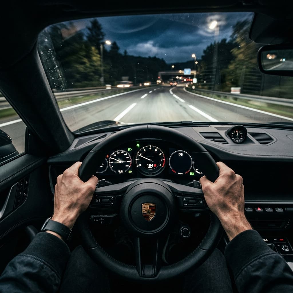 First-person view gripping a car steering wheel tightly with motion-blur on the road ahead to simulate high-speed vibration