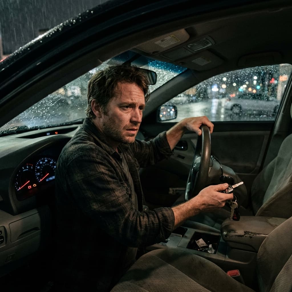 Frustrated driver sitting behind the wheel of a car, holding the car keys, looking stressed because the car won't start
