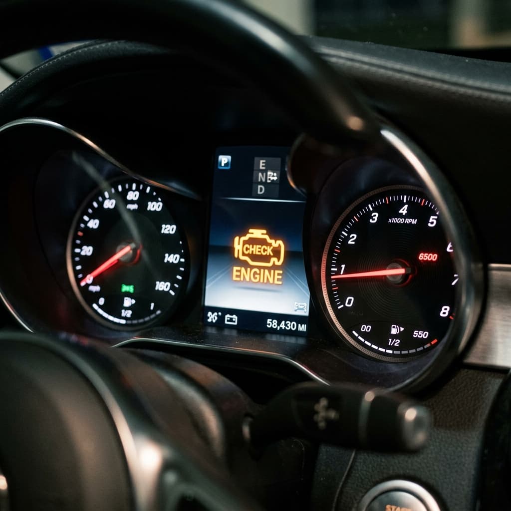 Close-up of a glowing orange check engine light on a modern car dashboard cluster