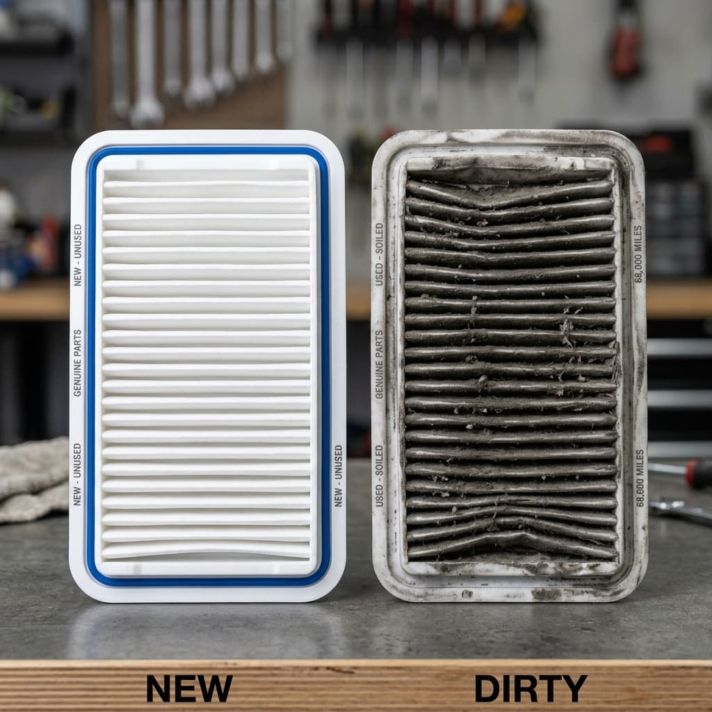 A side-by-side comparison of a pristine white engine air filter and a heavily soiled dark grey air filter