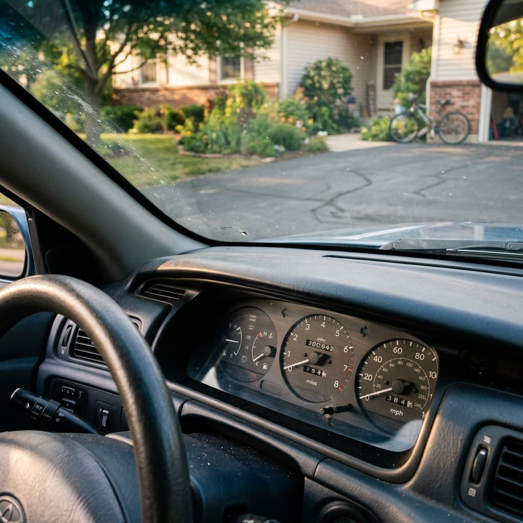 An older well-maintained sedan with high mileage on the odometer parked in a residential driveway