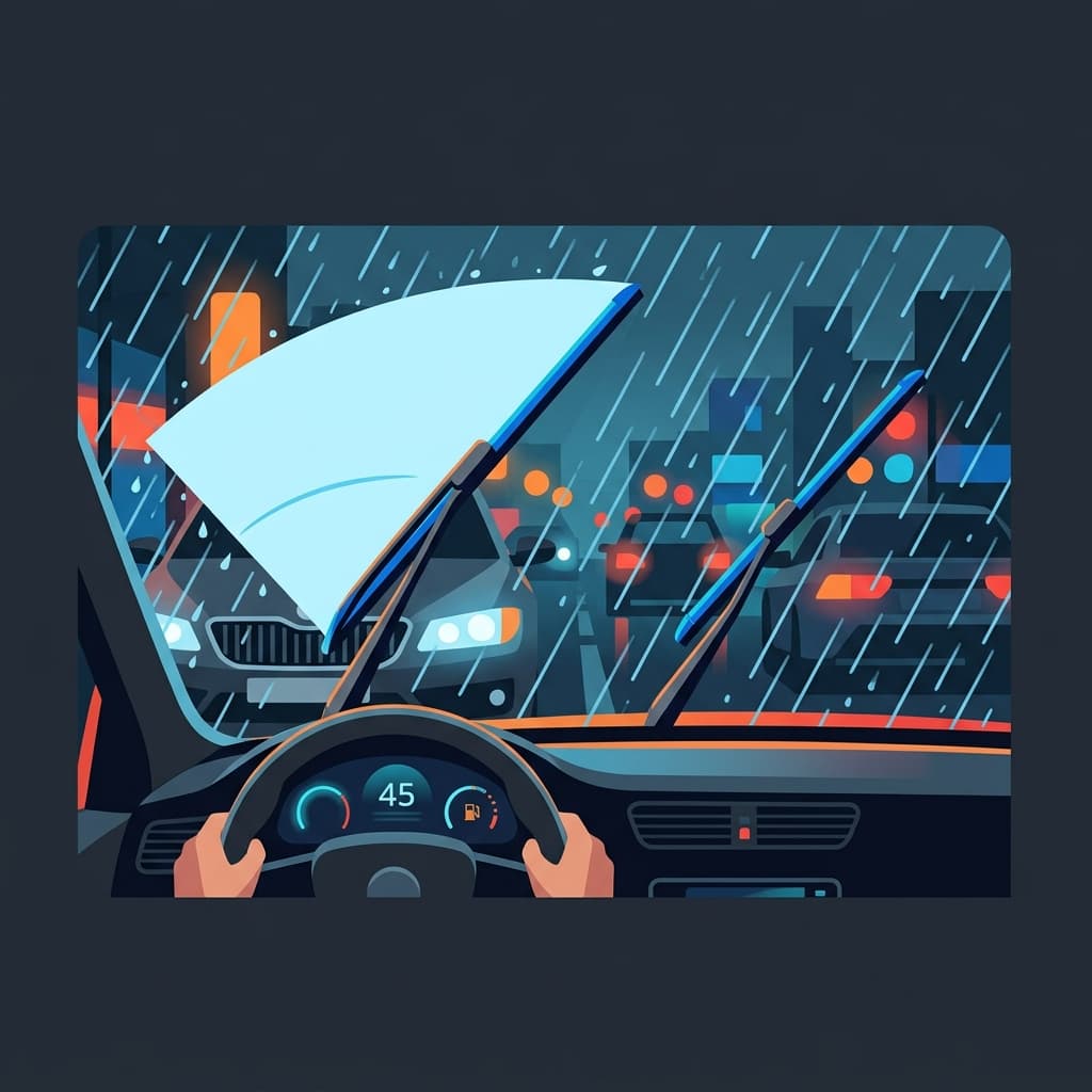 Windshield wipers clearing heavy rain off a car windshield