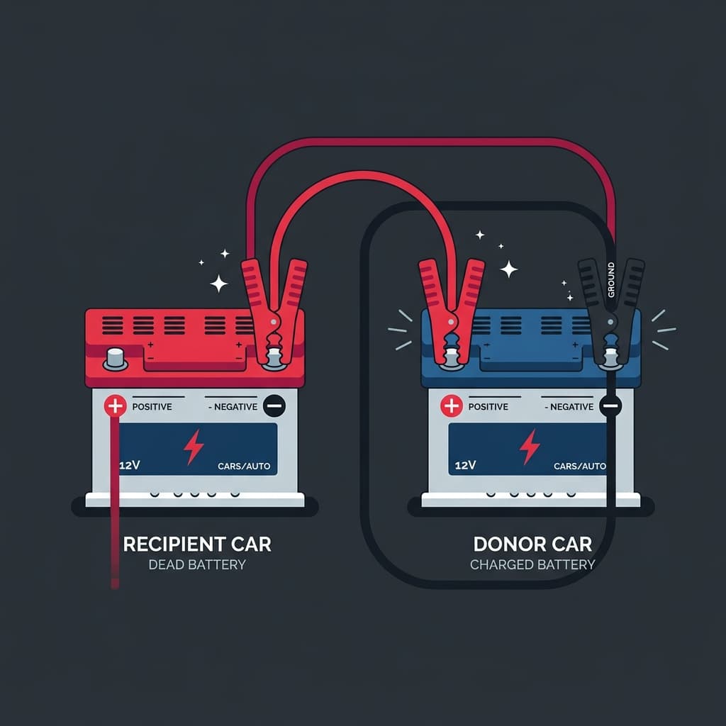 Jumper cables connected safely to two car batteries