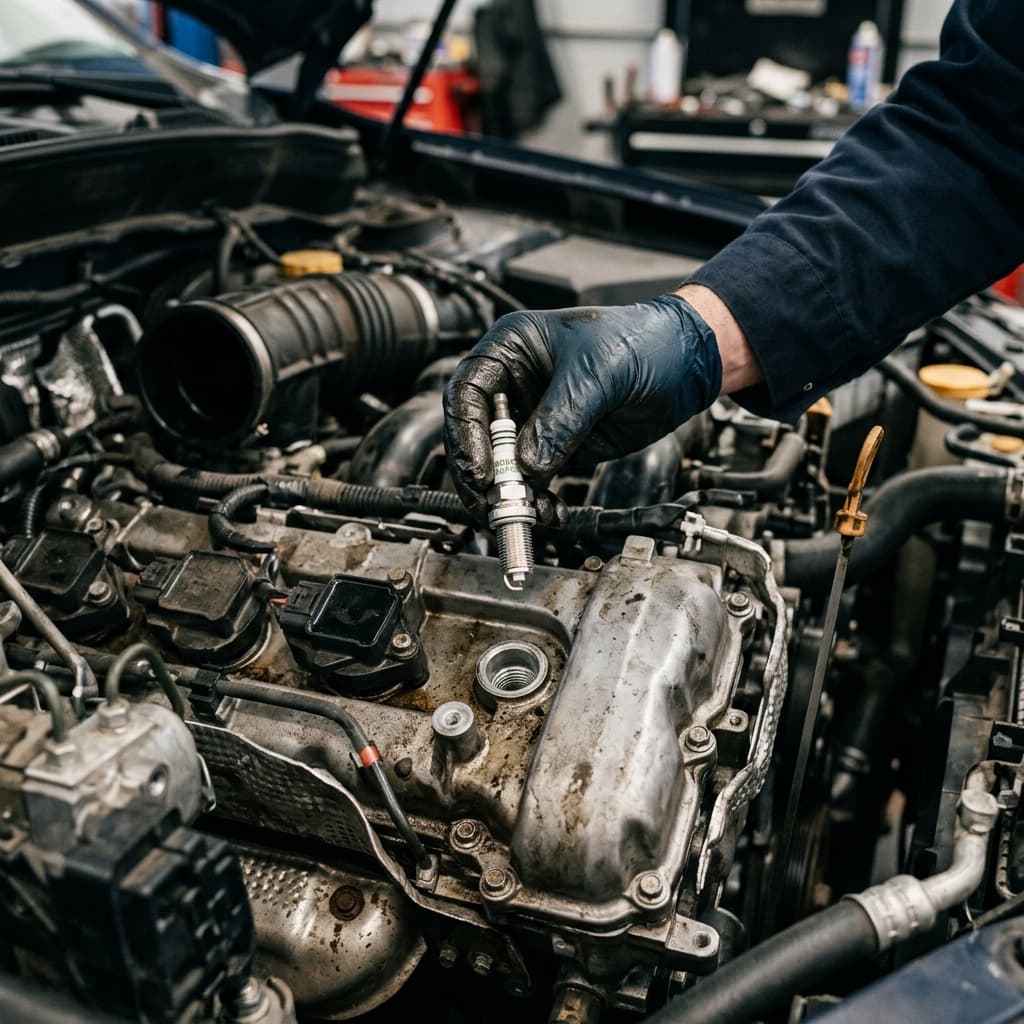 A close-up of a mechanic's gloved hand holding a new spark plug next to an open car engine block